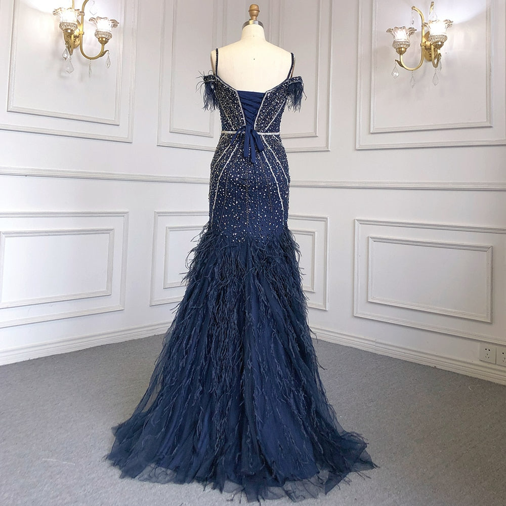 Navy Blue Mermaid Elegant Sexy Spaghetti Straps Evening Dress Gowns Luxury Feathers Beaded Party LA71656