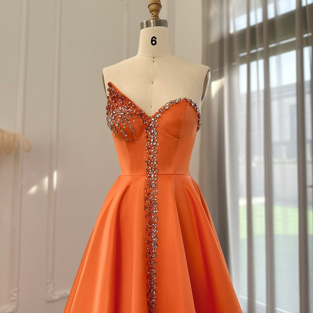Elegant Black Long Arabic Evening Dresses Luxury Dubai Crystal Orange Side Slit Women Wedding Party Gowns SS364