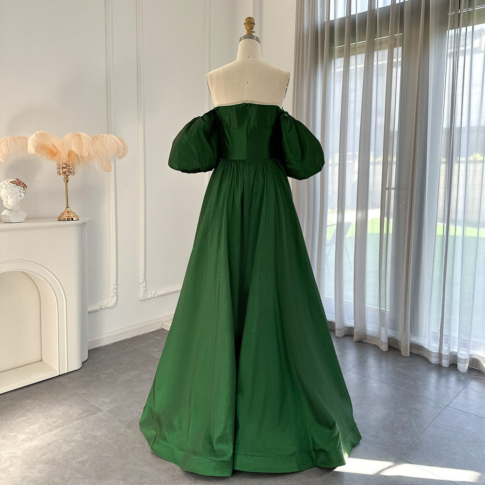 Emerald Green Dubai Evening Dress with Puff Sleeves Beaded Long Arabic Formal Dresses for Women Wedding Party SS509