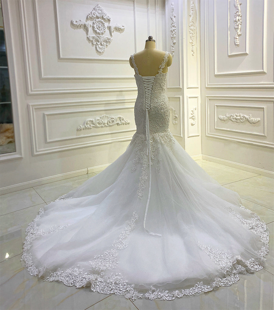 AM900 Cap Sleeve Lace Applique Pearls Mermaid Wedding Dress