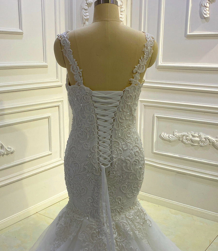 AM900 Cap Sleeve Lace Applique Pearls Mermaid Wedding Dress