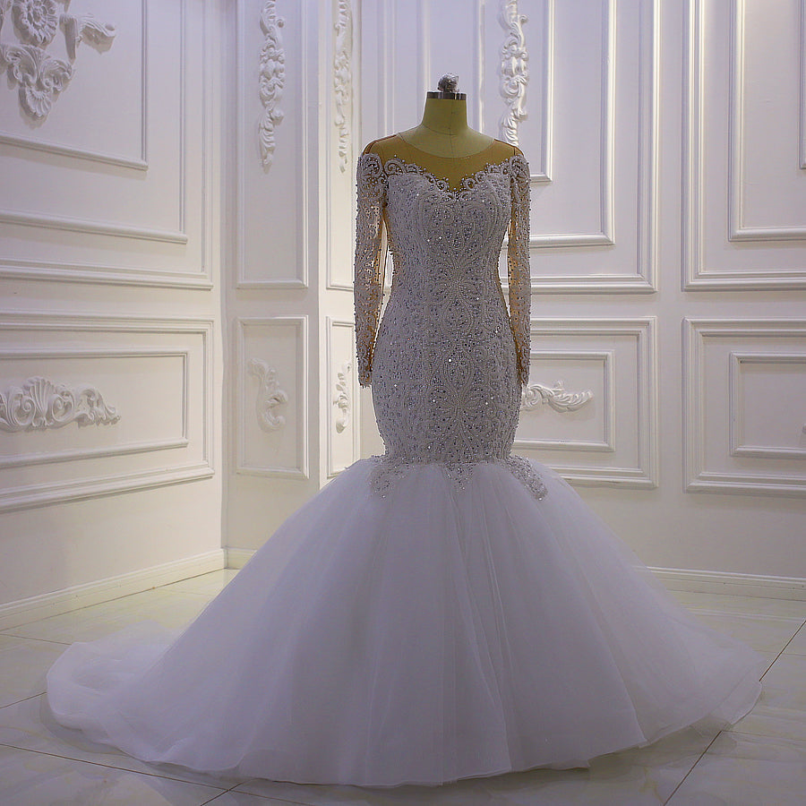 AM905 Long Sleeve Lace Applique Luxury mermaid Wedding Dress