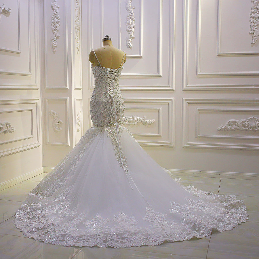 AM951 Spaghetti Straps Lace Applique Mermaid Beaded Wedding dress
