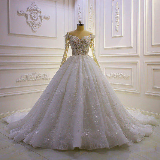AM583 Full Sleeve Rhinestone Crystal Handwork Shiny 3D Flowers luxury Wedding Dress