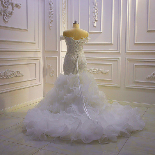 AM978 Lace Appliqued Tiered Ruffled Fishtail Wedding Dress