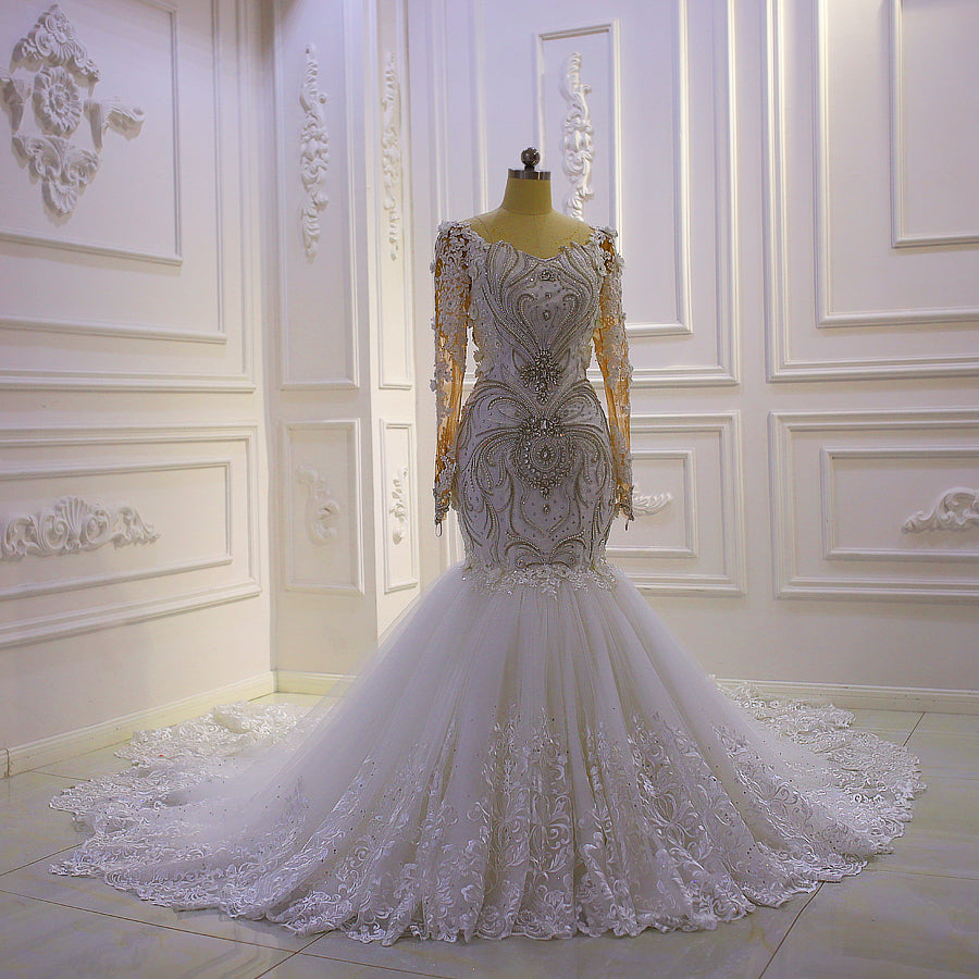 AM983 Long Sleeve Lace Applique Handwork Beading Mermaid Wedding Dress