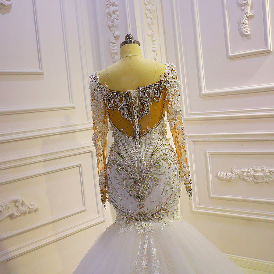AM983 Long Sleeve Lace Applique Handwork Beading Mermaid Wedding Dress