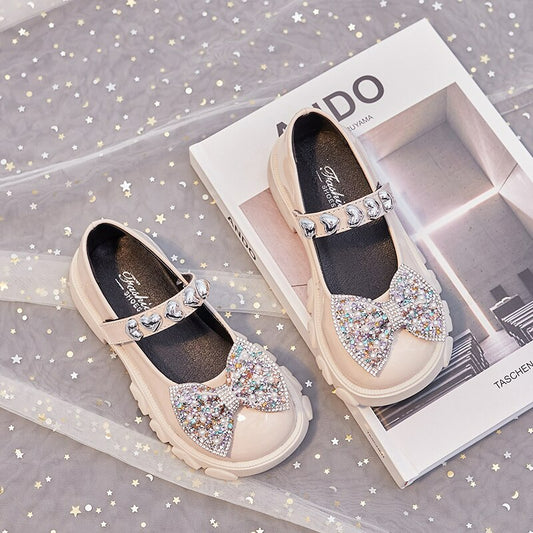 Girls Mary Jane Shoes New Girls Beige Shoes Princess flower girl shoes Baby Kindergarten Dress Lace Bowknot Pearl Performance Single Shoes