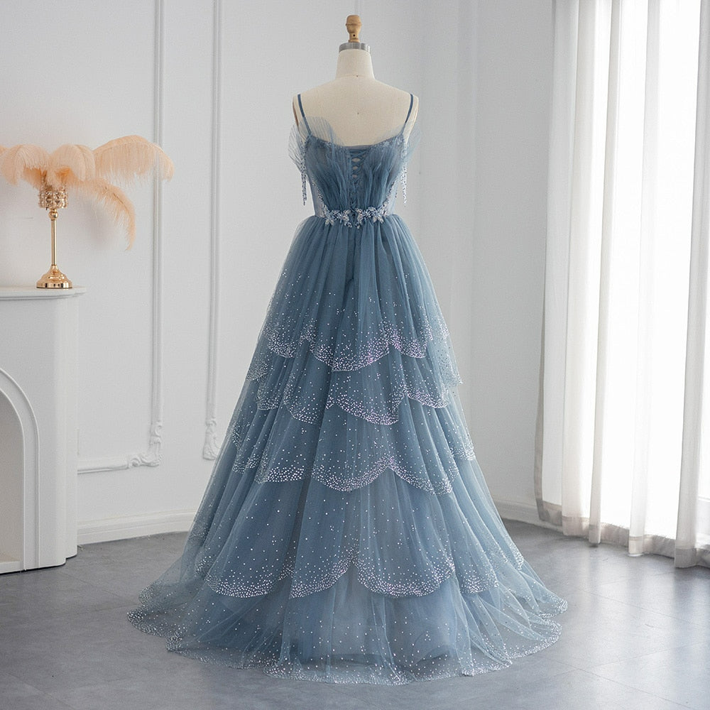 Sparkly Crystal Luxury Blue Dubai Evening Dress for Women Wedding Party Spaghetti Straps Long Formal Dresses SS259