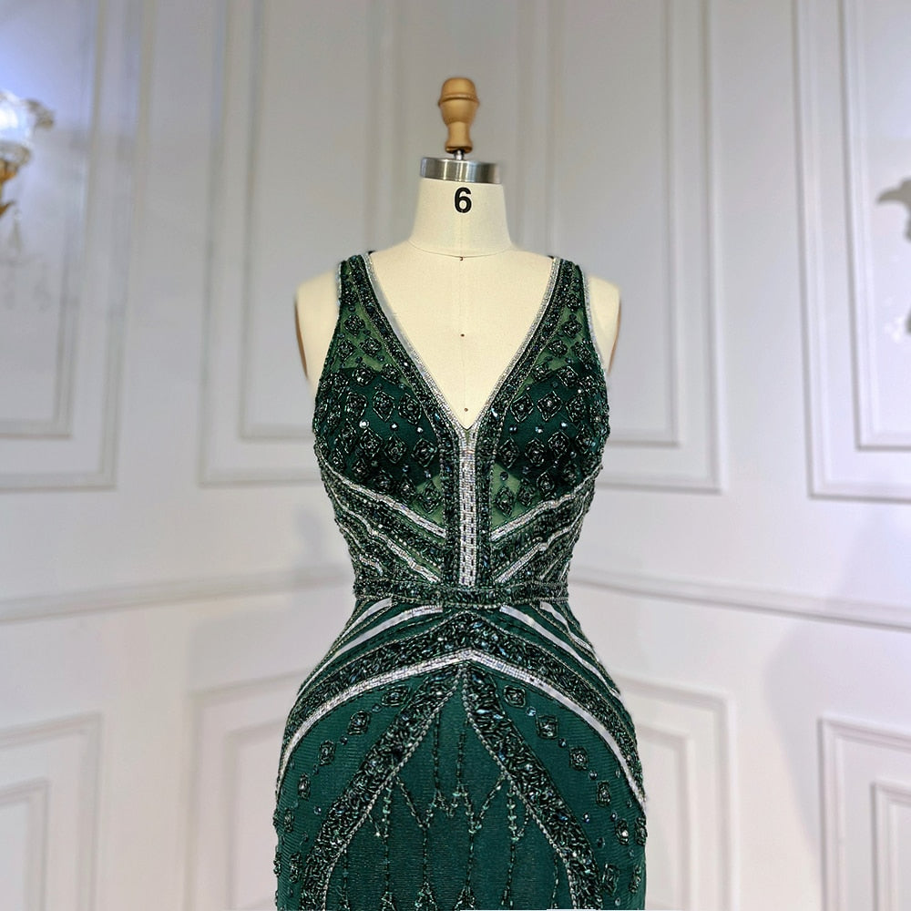Green Sexy Mermaid Split Feathers Beaded Formal Arabic Luxury Prom Dress For Women Party LA71845