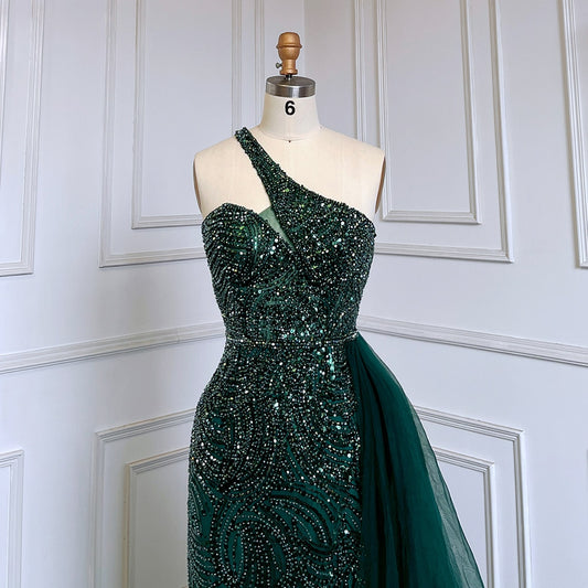 Sexy Green Beaded One Shoulder Mermaid Evening Dresses With Overskirt Luxury Gowns For Women Party LA71755