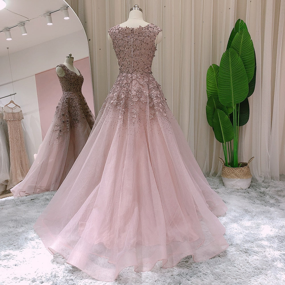 Elegant Ball Gown Rose Pink Evening Dress for Women Wedding Party Luxury Crystal Arabic Long Formal Dresses SS287