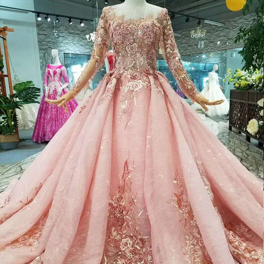 Peach Gala long train petal applique color wedding dress