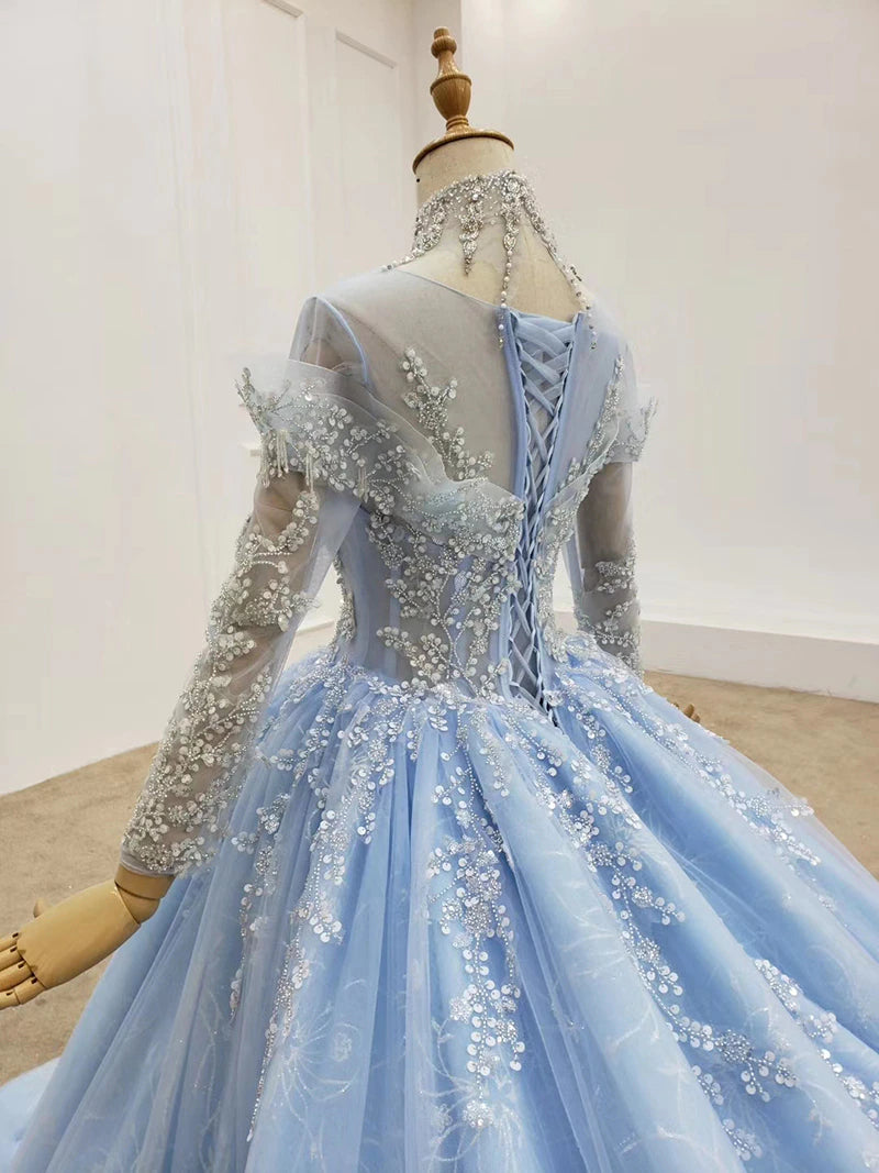 Transparent High Neck blue luxury shinny dress