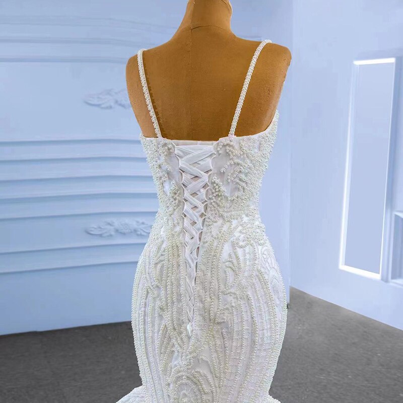 Talia Elegant Spaghetti Straps Mermaid Wedding Dress Beading Pearls Sweetheart Lace Up Back White RSM67515 Custom Size Brides Dresses