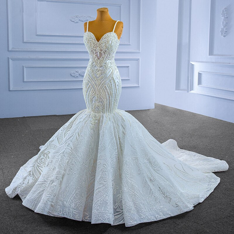Talia Elegant Spaghetti Straps Mermaid Wedding Dress Beading Pearls Sweetheart Lace Up Back White RSM67515 Custom Size Brides Dresses