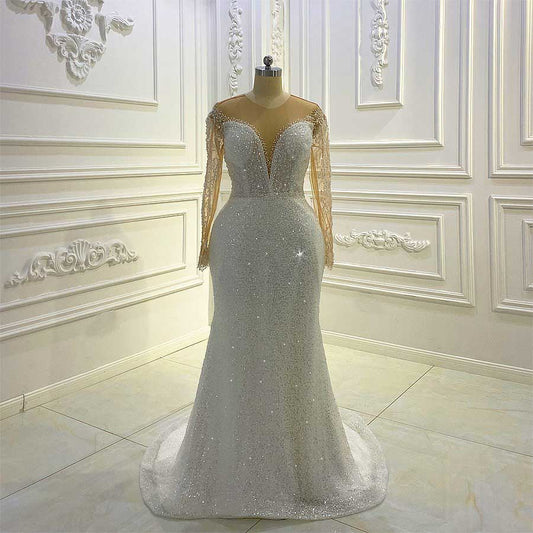 Zoey robes de mariage Long Sleeve Pearls Handwork Low Cut Wedding Dress