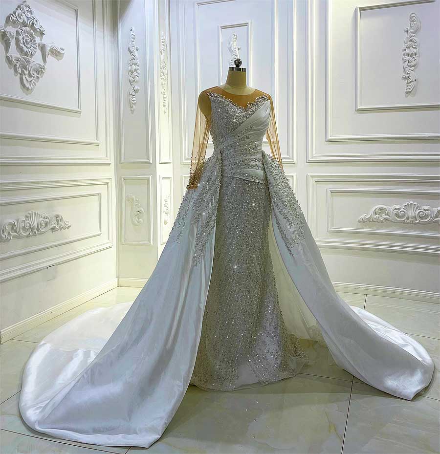 AM1042 Bridal dress Long Sleeve Lace Appliqued Handwork Pearls Detachable Skirt Wedding Dress