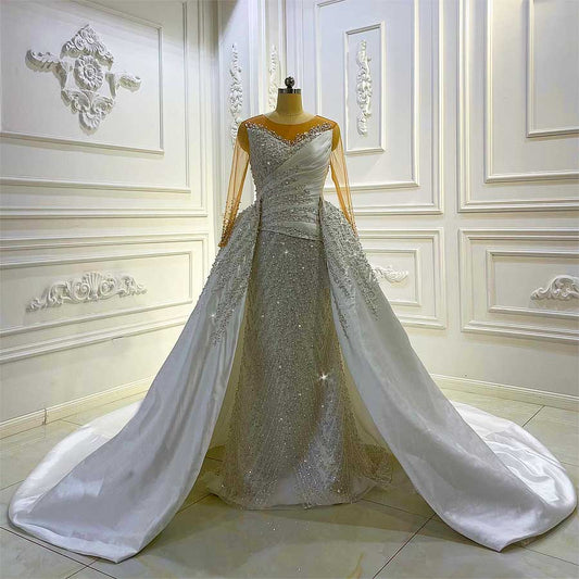 AM1042 Bridal dress Long Sleeve Lace Appliqued Handwork Pearls Detachable Skirt Wedding Dress