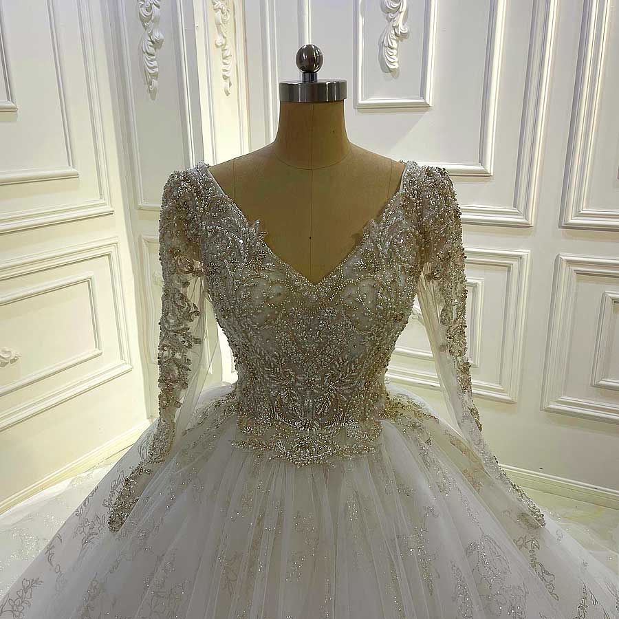 Luxurious Sexy V-Neck Crystal Beading Sequined Wedding Dress For Woman Ball Gowns Long Sleeve