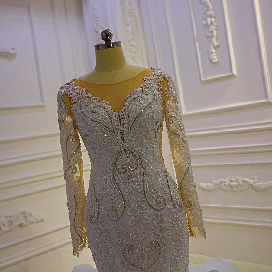 Ellie Luxury Long Sleeve Lace Appliques Tiered Mermaid Wedding Dress
