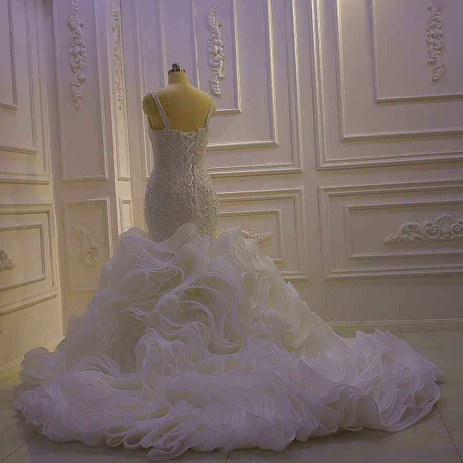 AM1090 Short Sleeve Mermaid trumpet Luxury Wedding Dress with ruffles and a long train