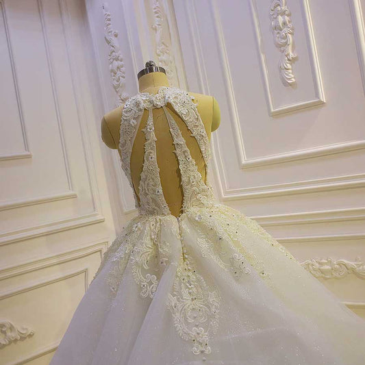 AM1091 Halter Appliqued A-Line Lace Pearls Handmade Luxury Wedding Dress