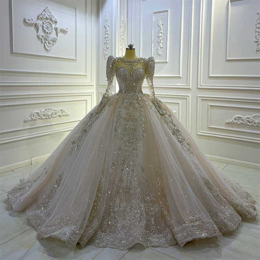AM1136 Detachable Cap Sleeve Champagne Ball Gown Luxury Wedding Dress