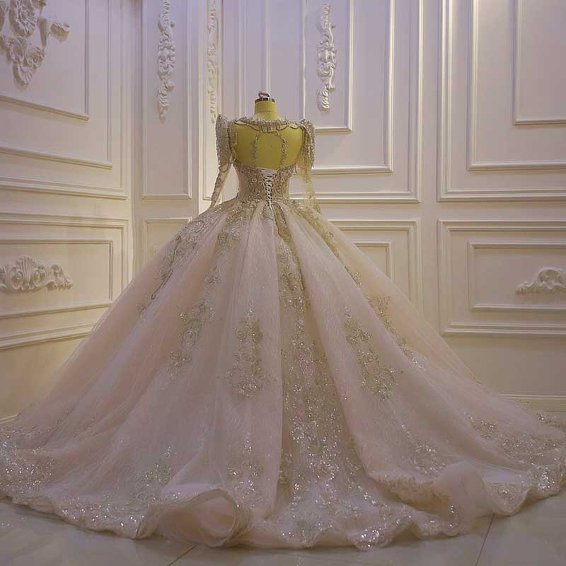 AM1136 Detachable Cap Sleeve Champagne Ball Gown Luxury Wedding Dress