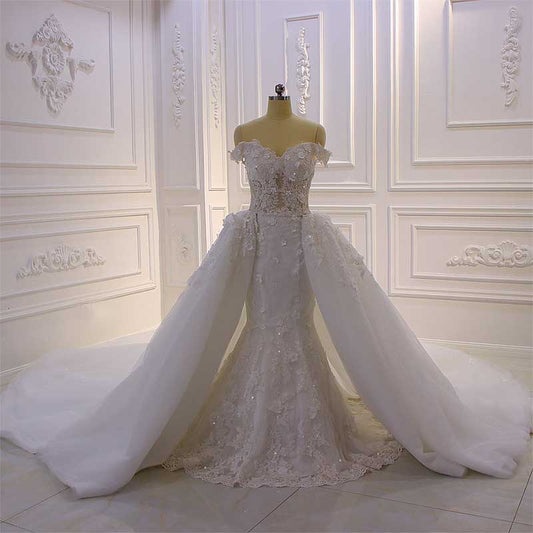 Maria Detachable Train Off Shoulder Lace Appliques Flowers Mermaid Wedding Dress