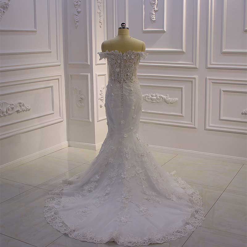 Maria Detachable Train Off Shoulder Lace Appliques Flowers Mermaid Wedding Dress