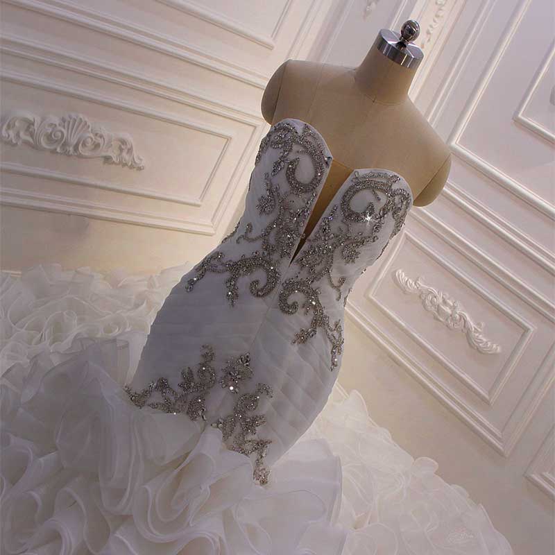 AM561 Strapless Pleated Crystal Mermaid Organza Wedding Dress