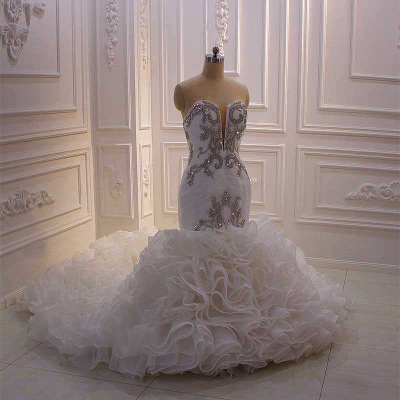 AM561 Strapless Pleated Crystal Mermaid Organza Wedding Dress