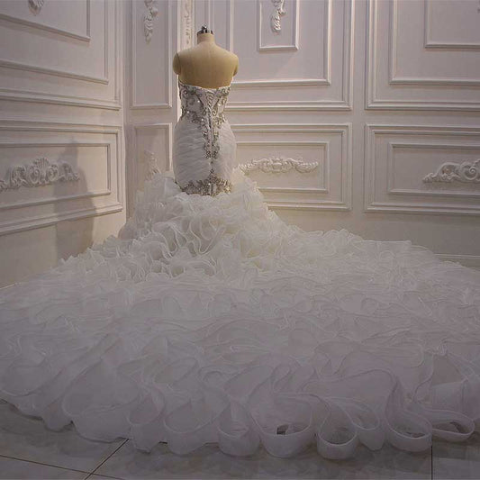 AM561 Strapless Pleated Crystal Mermaid Organza Wedding Dress