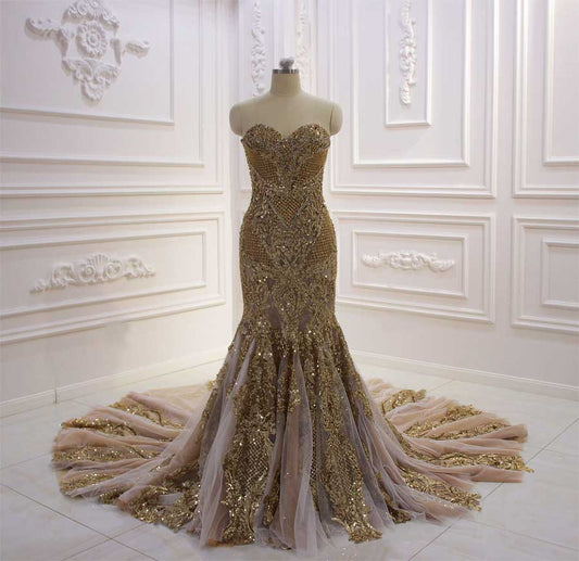 Allison Strapless Lace Appliques Champagne Wedding Dress Mermaid gold wedding dress