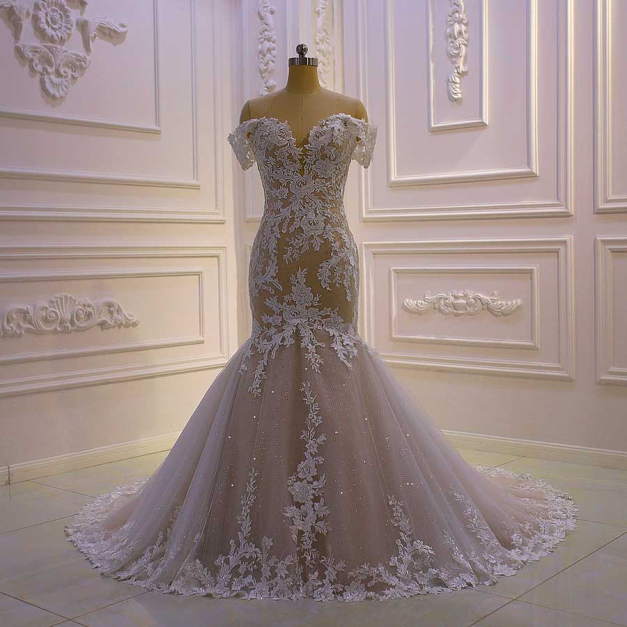 AM746 Wedding party dress Off Shoulder Lace Appliqued Mermaid Wedding Dress