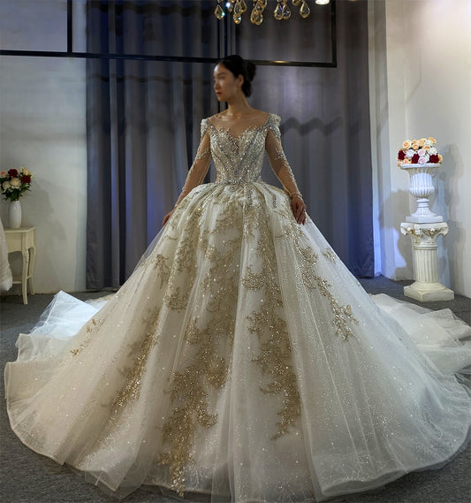 Crystal Beaded Sequin Wedding Dress Shiny Long Sleeve Ball Gown Haute Couture Custom Made Wedding Dress