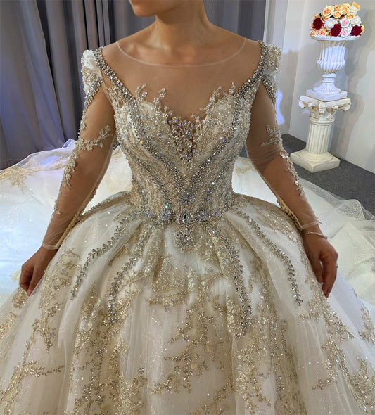 Crystal Beaded Sequin Wedding Dress Shiny Long Sleeve Ball Gown Haute Couture Custom Made Wedding Dress