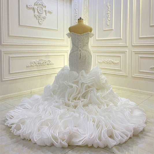 Madison Full Pearl beaded wedding dress Handwork Beading Ruffle Mermaid Wedding Dress