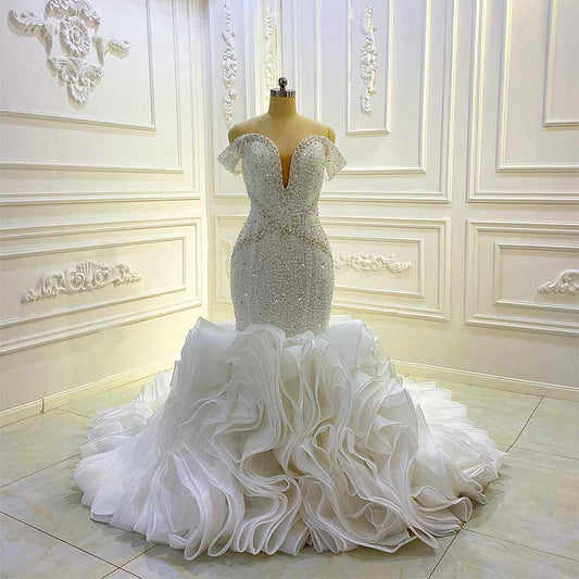 Madison Full Pearl beaded wedding dress Handwork Beading Ruffle Mermaid Wedding Dress