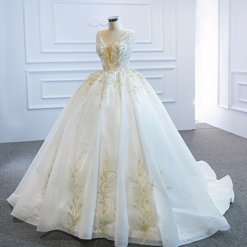 Aubree RSM67167 White Luxury Elegant V-neck Wedding Bridal Gown Formal Dress  Frill Applique Print Pattern Design Long Skirt