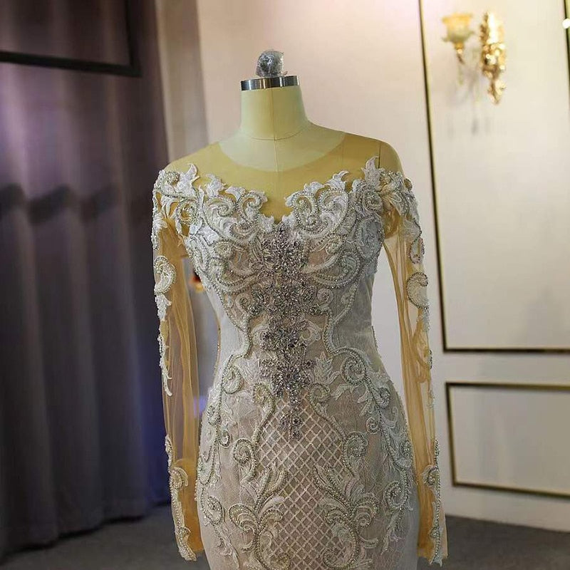 Long Sleeve Luxury Couture Mermaid Wedding Dress Detachable Train 2 in 1 Wedding Dress Royal Train Plus size Custom Made wedding dress