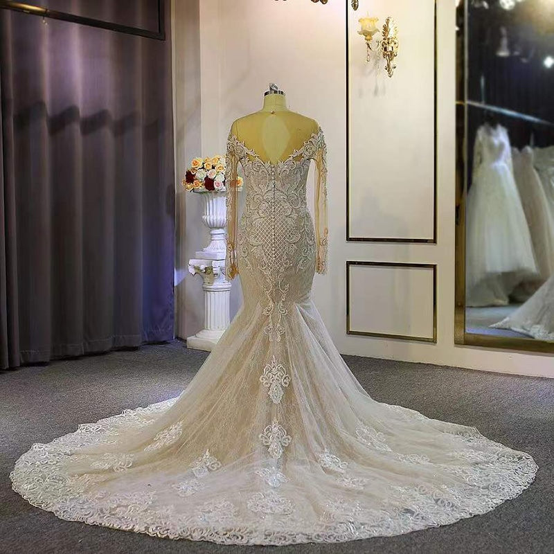 Long Sleeve Luxury Couture Mermaid Wedding Dress Detachable Train 2 in 1 Wedding Dress Royal Train Plus size Custom Made wedding dress