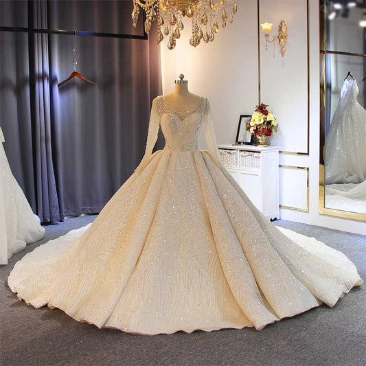Stunning Luxury Bridal Dress With Full Beading Bodice Ball Gown Wedding Long Sleeve Royal Train Wedding Dress
