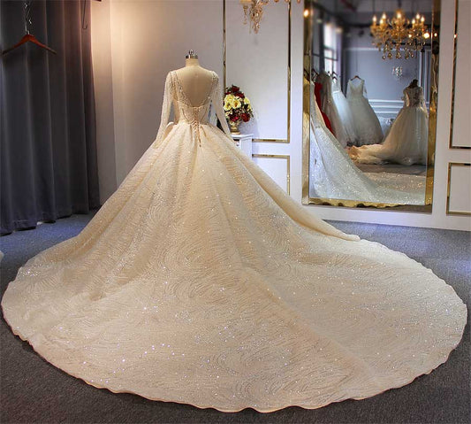 Stunning Luxury Bridal Dress With Full Beading Bodice Ball Gown Wedding Long Sleeve Royal Train Wedding Dress