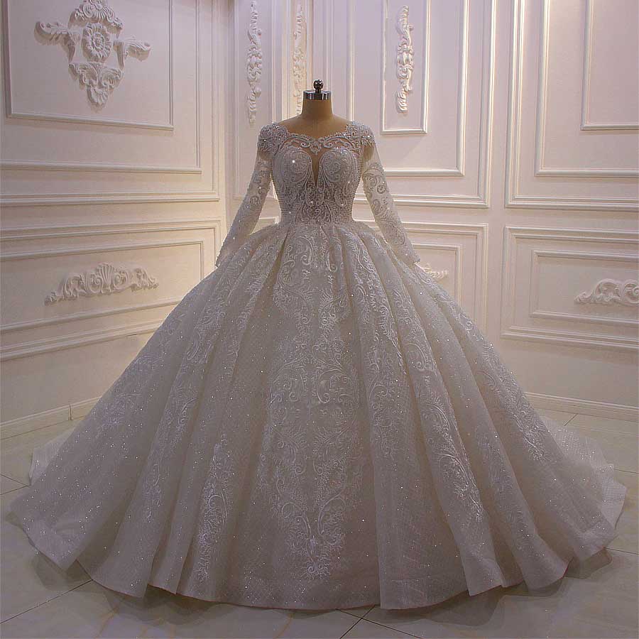 NS3864 White Wedding Dress With Long Sleeves Full Beading Ball Gown Princess Wedding Dress