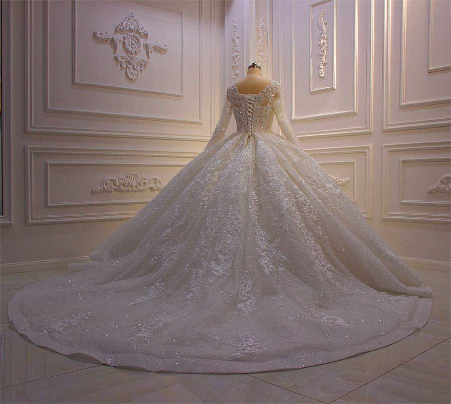 NS3864 White Wedding Dress With Long Sleeves Full Beading Ball Gown Princess Wedding Dress