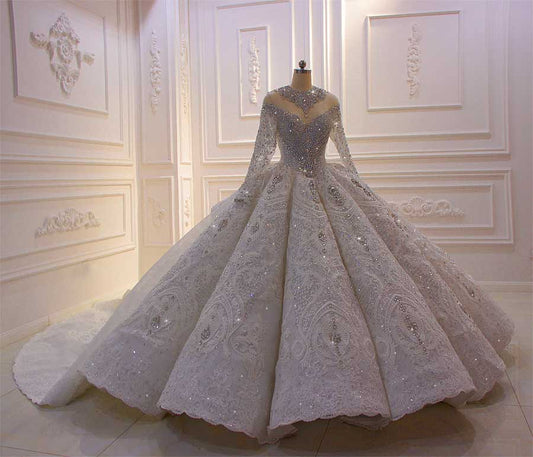 NS3879 Ball Gown full beading bridal long sleeve wedding dress with long train