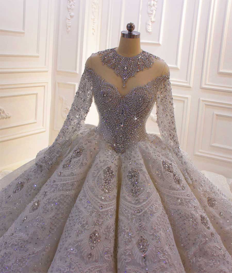 NS3879 Ball Gown full beading bridal long sleeve wedding dress with long train