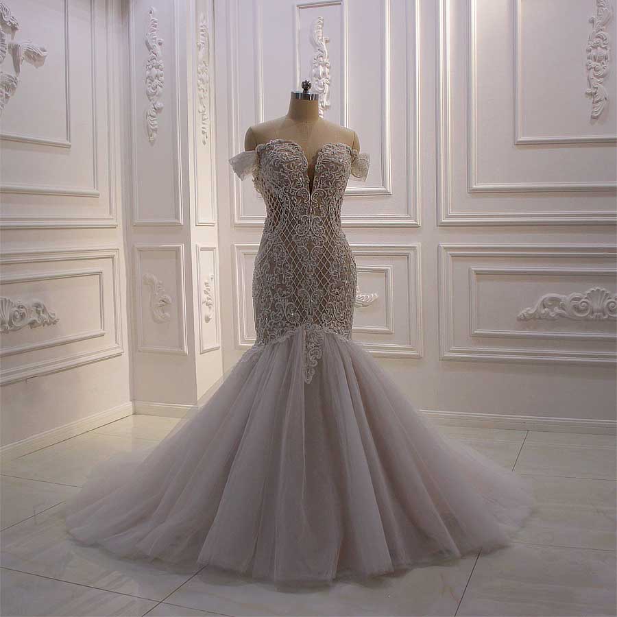 Melody Luxury Mermaid Wedding Dress Champagne Color With Wedding Bouquet